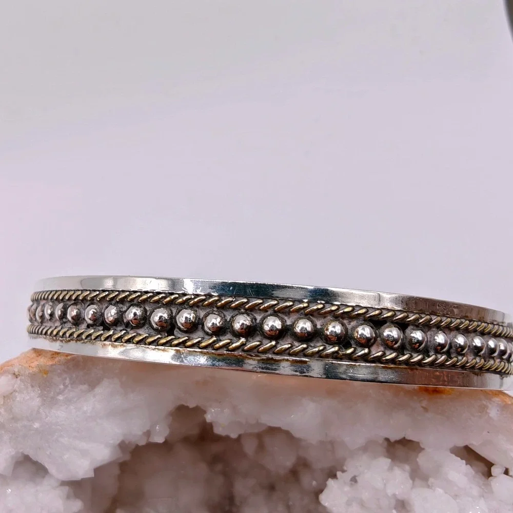 Taxco Mexico 925 Sterling Silver Mixed Metal Beaded Rope Bangle Bracelet 17g